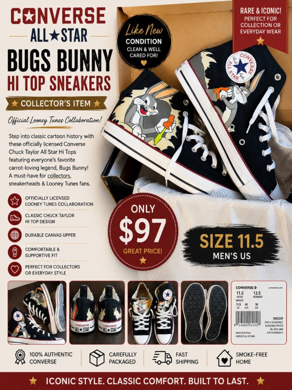 Converse Chuck Taylor Bugs Bunny 80th Anniversary Hi Tops Size 11.5 Rare Collect